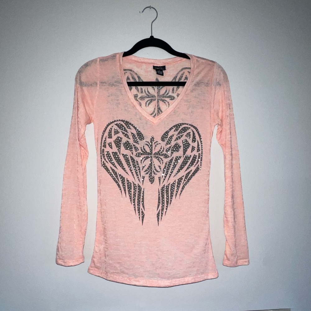 RUE 21 Pink Rhinestone Heart Long Sleeve Tee - Medium